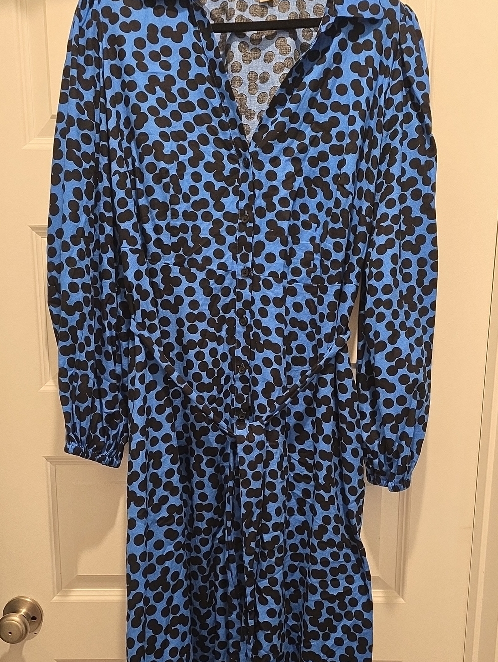 Ava & Viv Blue and Black Button-Front Long Sleeve Polka Dot Dress
